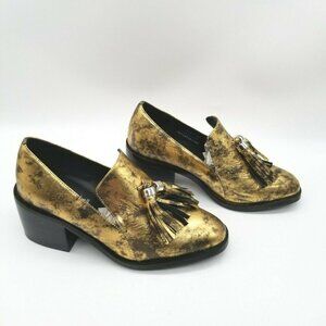 Jeffrey Campbell Torbett  Gold Black Tasseled Loafer Block Heels Size 5.5